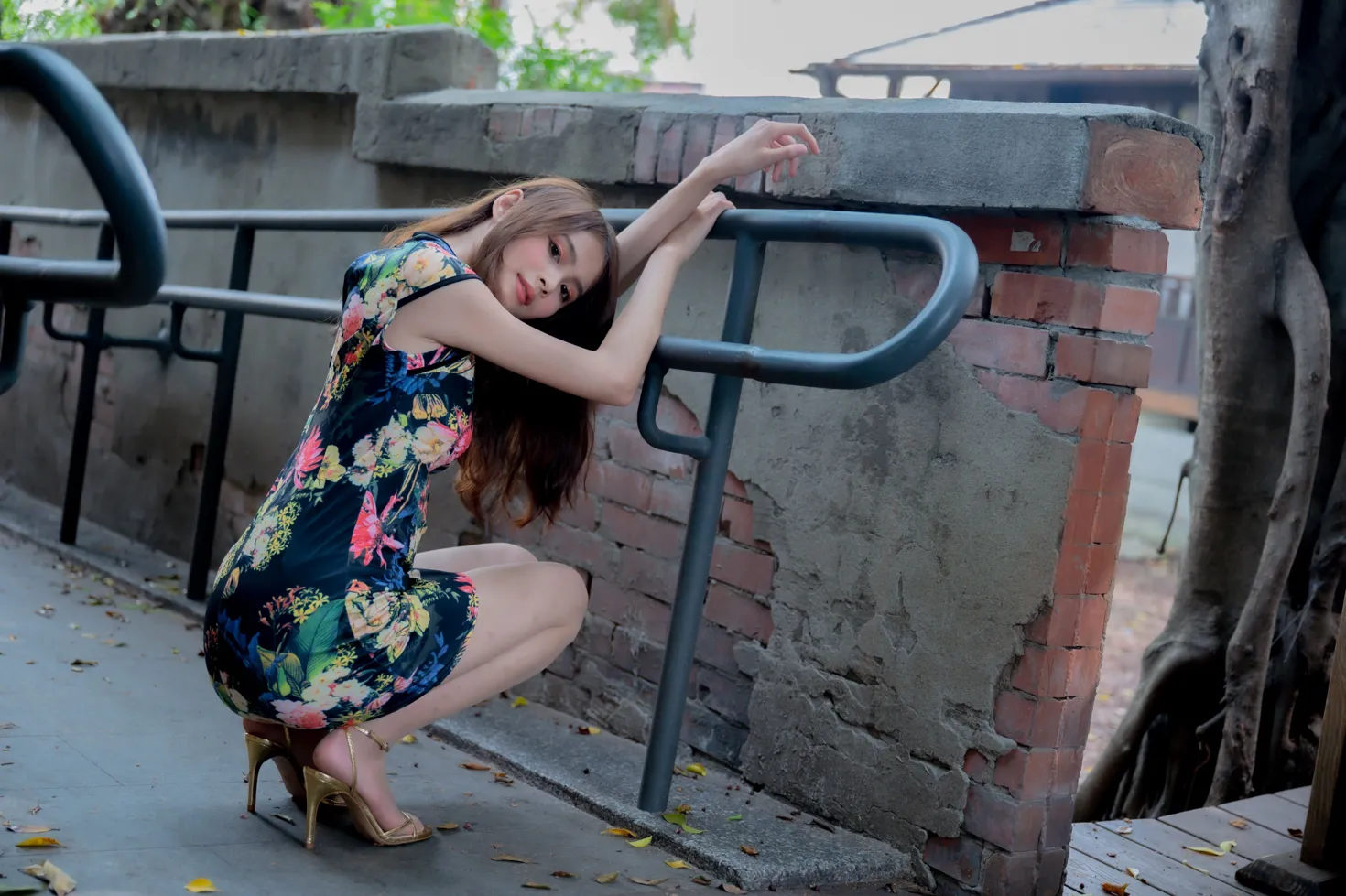 [Mzsock] NO.202 He Jiaxin black flower short cheongsam stockings high heels beautiful legs street photography#[97P]-51